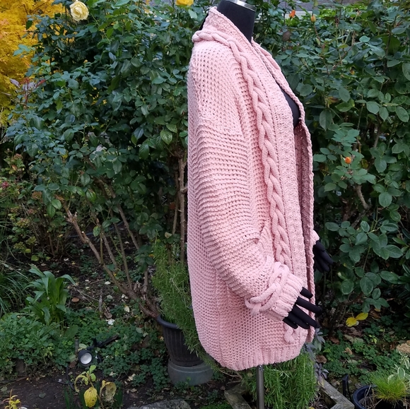 Tricia Relaxed Open Front Long Line Braided Knit Cardi Peach Sweater Sm-Md NWT - Picture 5 of 14
